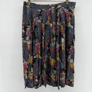 Vintage St Michael Floral Midi Skirt West Germany Viscose Pleated Blue Pink 27"
